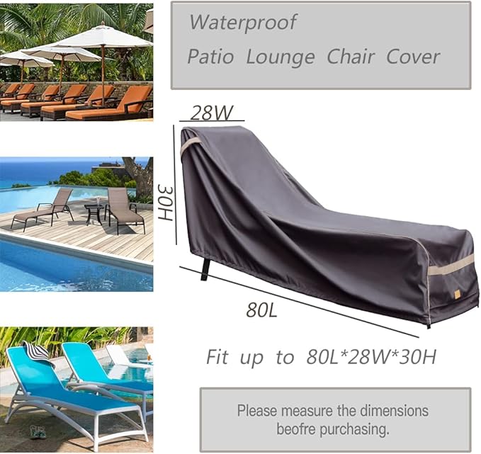 Patio Chaise Lounge Cover Waterproof,Heavy Duty Outdoor Lounge Chair Covers,Dark Grey Durable Patio Furniture Covers,2Pack,80L*28W*30Hinch