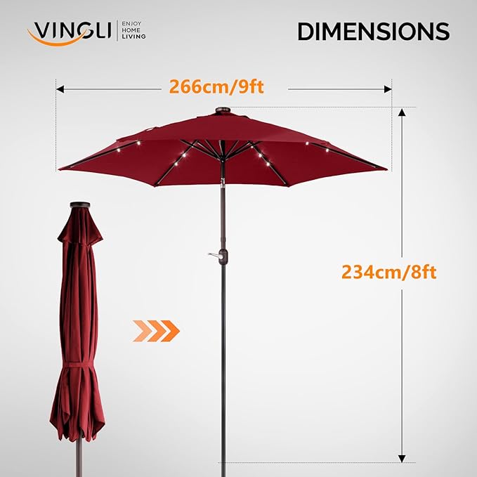 VINGLI 9FT Patio Umbrella with Solar Lights, Outdoor Umbrella with Push Button Tilt and Crank, Umbrella Outdoor Patio for Patio, Deck, Backyard, Pool