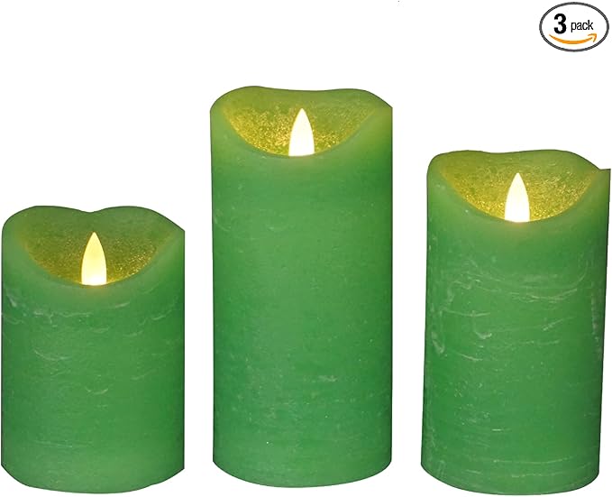 CANDLE CHOICE Battery Operated Flameless Candles with Timer Real Wax Realistic Flickering Electric LED Pillars Automatic Built-in Daily Cycle Timer 6-Hour on 18-Hour Off 3 Pack Rustic Texture Green