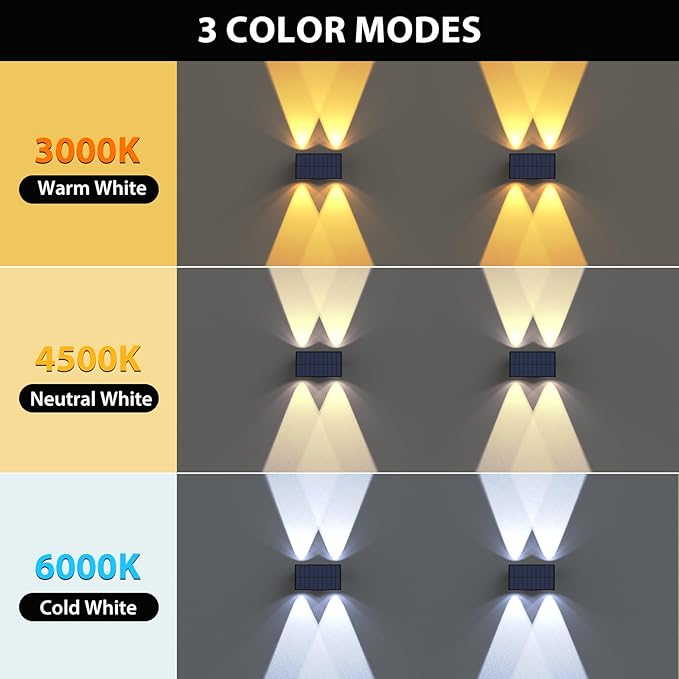 Solar Wall Lights Outdoor,6Pack Fence Lights Solar Powered 2700/4500/6000K 3 Modes Up & Down Waterproof 100 Lumens Dusk to Dawn Fence Light for Outside/Backyard/Pool/Railing/Patio/Porch/Step