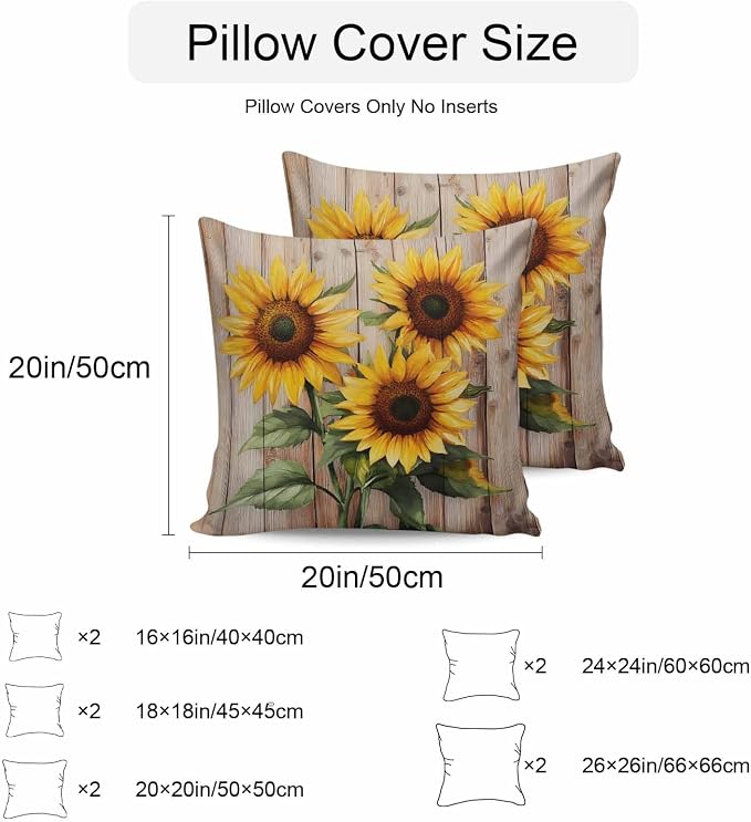 Pack of 2 Waterproof Outdoor Pillow Covers 24x24 Inch Decorative Pillow Covers Sunflowers Throw Pillowcases Farmhouse Wooden Grain Botanical Floral Outdoor Cushion Cover for Couch, Patio, Tent