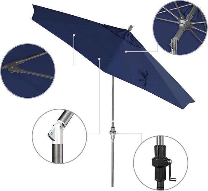 California Umbrella 9' Rd. Crank Lift, Collar Tilt, Aluminum Pole, Fiberglass Rib Patio Umbrella, Hammertone Grey Finish, Sunbrella True Blue