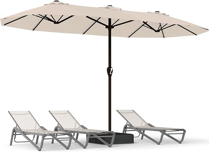 15FT Large Patio Umbrella with Base, Double Sided Rectangular Outdoor Umbrella with Sturdy Fiberglass Ribs, UPF 50+ Sun Protection, Wind-Resistant, Waterproof Fade-Resistant Fabric for Pool, Garden, Backyard, Deck(Beige)