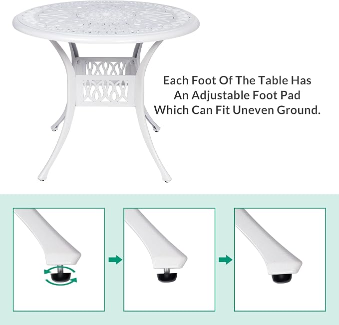 VIVIJASON 35.4" Outdoor Patio Dining Round Table White Cast Aluminum Rustic Large Patio Table with Umbrella Hole