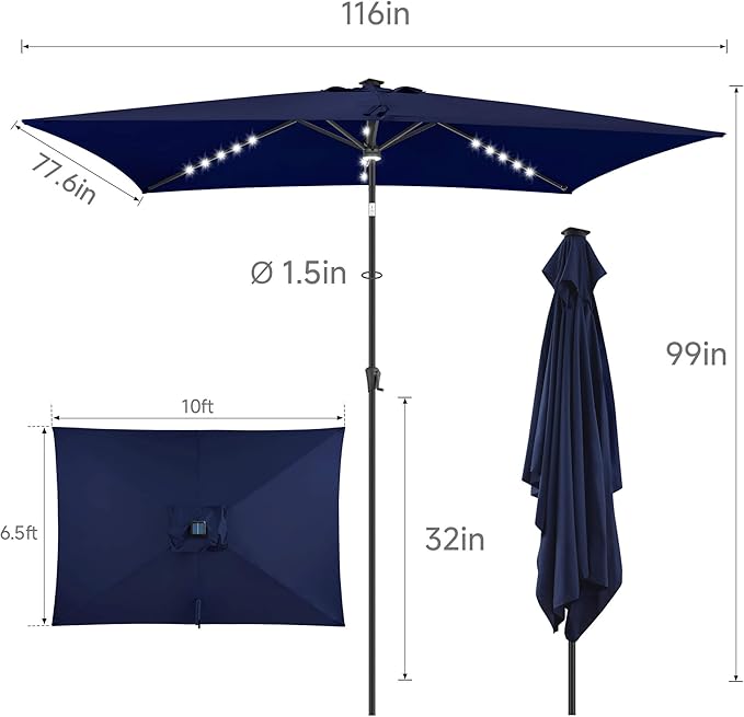 FLAME&SHADE 6.5 x 10 ft Rectangular Solar Powered Outdoor Market Patio Table Umbrella with LED Lights and Tilt, Navy Blue