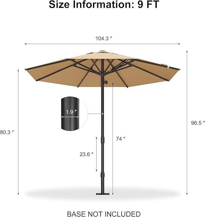PURPLE LEAF 9Ft Round Semi-Auto Outdoor Patio Umbrella Aluminium Market Umbrella Table Sun Umbrella with 1.89" Rod and 8 Sturdy Ribs for Deck Lawn Pool Garden, Beige