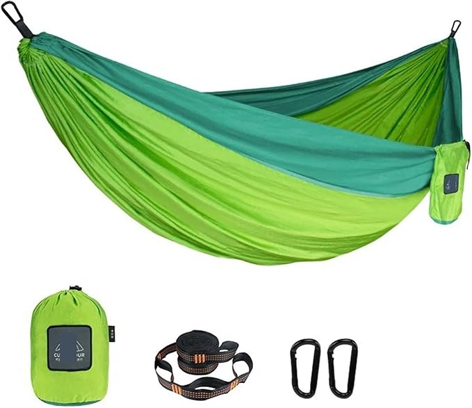 Hammock Portable Nylon Parachute Fabric Single and Double Size Outdoor Camping Hiking Garden Hammock Quick-Opening(Double Green 2)