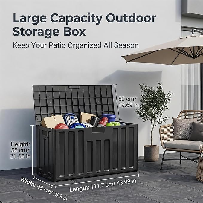 76 Gallon Outdoor Deck Box with Wheels & Lockable Lid - Waterproof UV Resistant Resin Storage Box, Patio Bench Container for Garden Tools, Pool Accessories, Backyard Porch & Patio Cushions (Black)