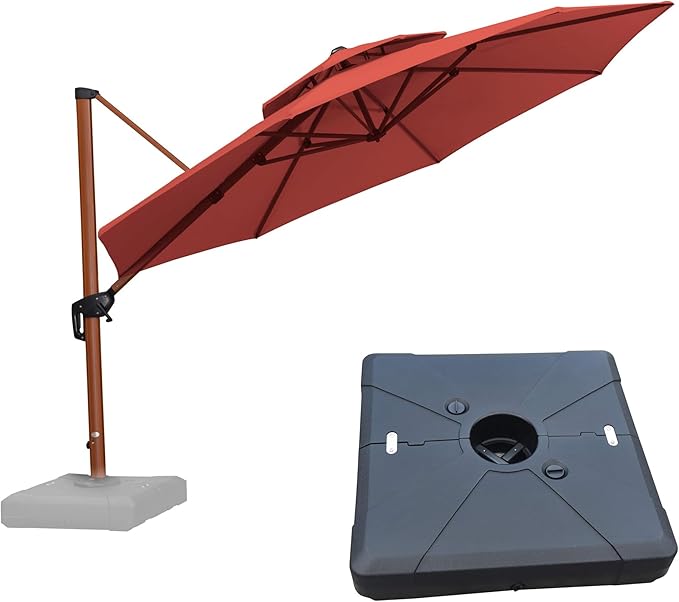 PURPLE LEAF Cantilever Umbrella with Base Outdoor Round Umbrellas Large Cantilever Umbrella Windproof Offset Heavy Duty Sun Umbrellas for Garden Deck Pool Patio, 12ft Brick Red
