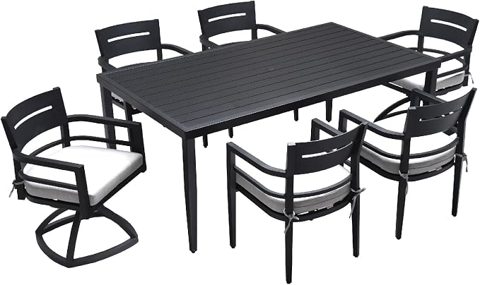 7-Piece Outdoor Patio Aluminum Furniture Set, 70” Rectangle Dining Table with Umbrella Hole and 2 Swivel Rockers Chairs & 4 Dining Chairs, Modern Dining Set for Backyard, Garden
