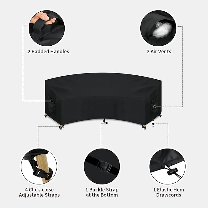 PureFit Outdoor Sectional Sofa Cover Waterproof Curved Patio Furniture Covers for Deck, Lawn and Backyard, 90Lx34Dx32Hx46FL, Black