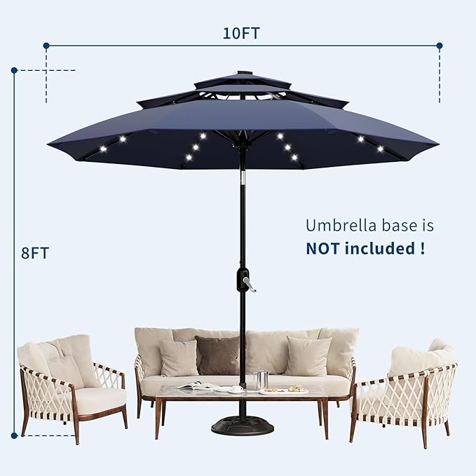 Garvee 10Ft 3-Tier Solar Patio Umbrella with LED Lights, Outdoor Table Umbrella with Vents, Easy Crank and Push Button Tilt, Market Umbrella with 8 Sturdy Ribs for Pool, Deck, Yard, Garden -Navy Blue