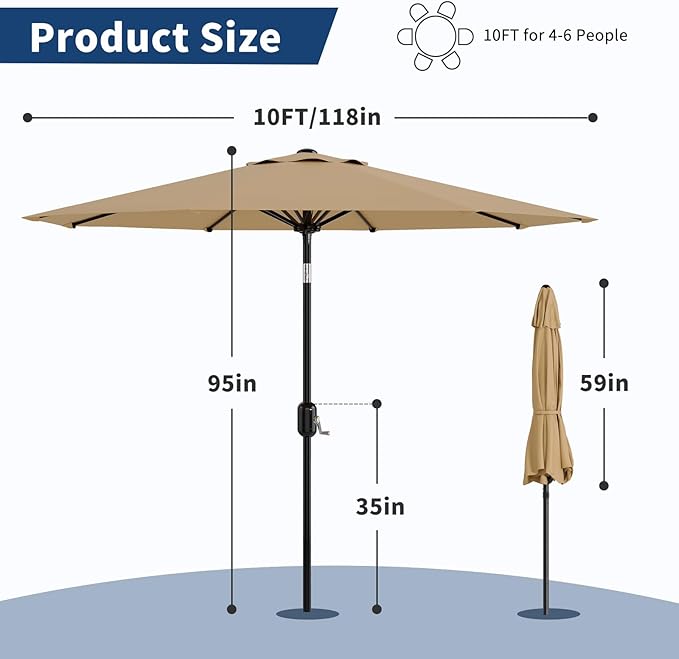 10Ft Patio Umbrella - 8 Sturdy Ribs Outdoor Table Umbrella with Crank Lift & Push Button Tilt - Market Umbrella for Pool, Deck, Yard, Garden - Turquoise