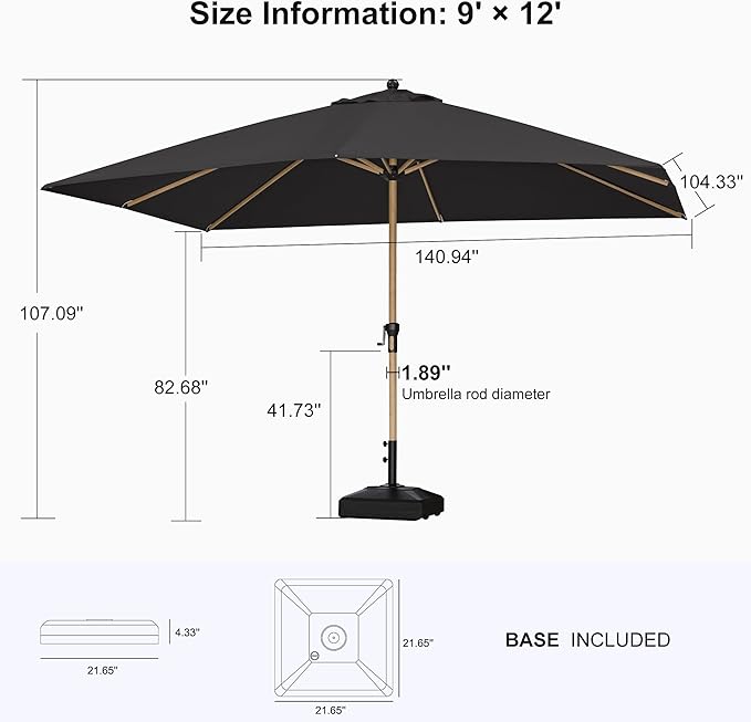 PURPLE LEAF 9' x 12' Patio Umbrella with Base Outdoor Umbrella Market Umbrella with Crank & 8 Ribs Aluminum Rectangular Table Umbrella Outdoor Patio for Backyard, Black