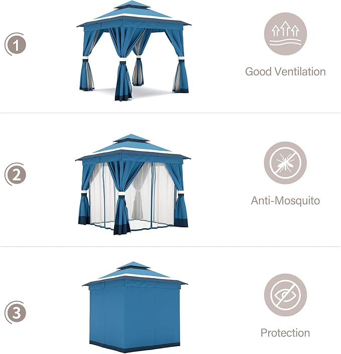 LAUSAINT HOME 8'x8' Outdoor Gazebo, Metal Frame Heavy Duty Patio Canopy Tent Shelter with Double Roofs, Mosquito Nettings and Privacy Screens for Backyard, Garden, Lawn, Steel Blue