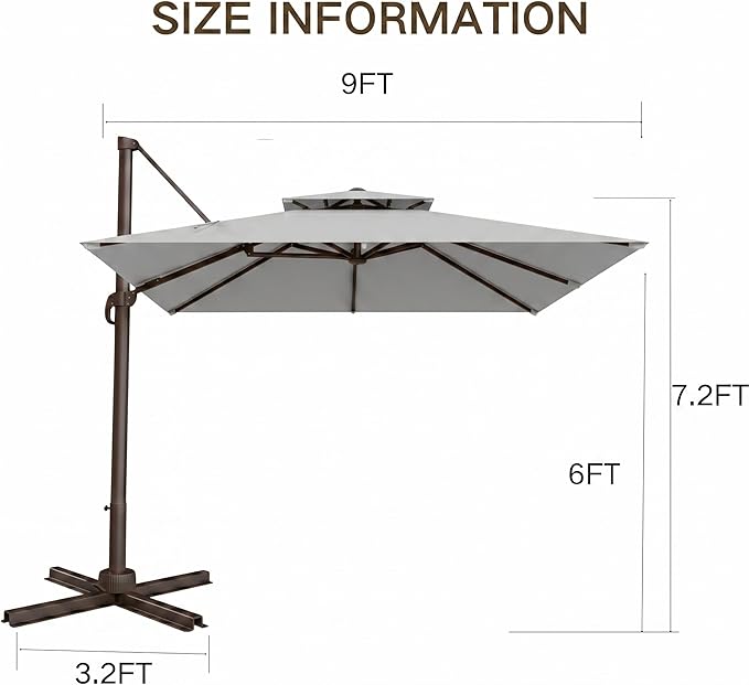 Kingdura Cantilever Patio Umbrella with Double Top Vent, Large Square Aluminum Outdoor Offset Umbrella with 360-degree Rotation, Infinite Tilt, UV Protection for Pool Deck Garden Patio