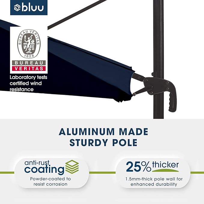 BLUU SYCAMORE 8.2 * 8.2 FT Square Cantilever Patio Umbrella, Aluminum Outdoor Offset Umbrella with UV Protection Solution-dyed Fabric Canopy, 360° Rotation Infinite Tilt & Cross Base (Navy Blue)