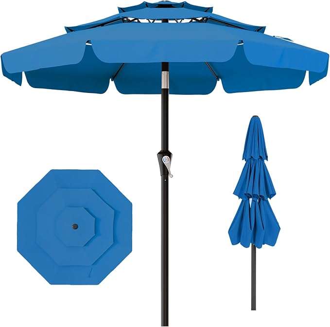 AreShark 9FT 3-Tiers Patio Umbrella with Valance, Outdoor Umbrellas with Crank/Tilt, Table Market Umbrella Vented w/ 8 Sturdy Ribs for Garden, Deck, Backyard, and Pool, Royal Blue