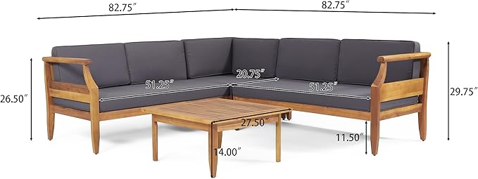 Aston Outdoor 5 Seater Sectional Chat Set with Cushions - Acacia Wood - Teak/Dark Gray