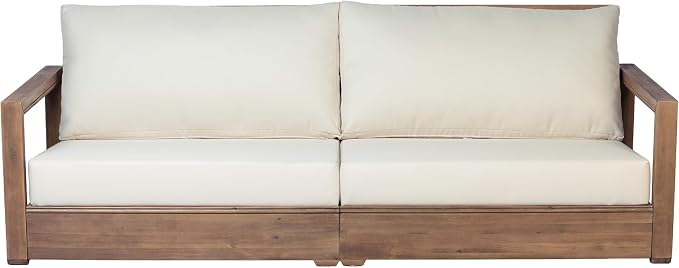 Christopher Knight Home 5-Piece Patio Furniture Set, Acacia Wood Outdoor Sofa Set with 3-Seater Couch, Loveseat, 2 Swivel Rocking Chairs & Coffee Table, Deep Seat Patio Conversation Set, Brown+Beige