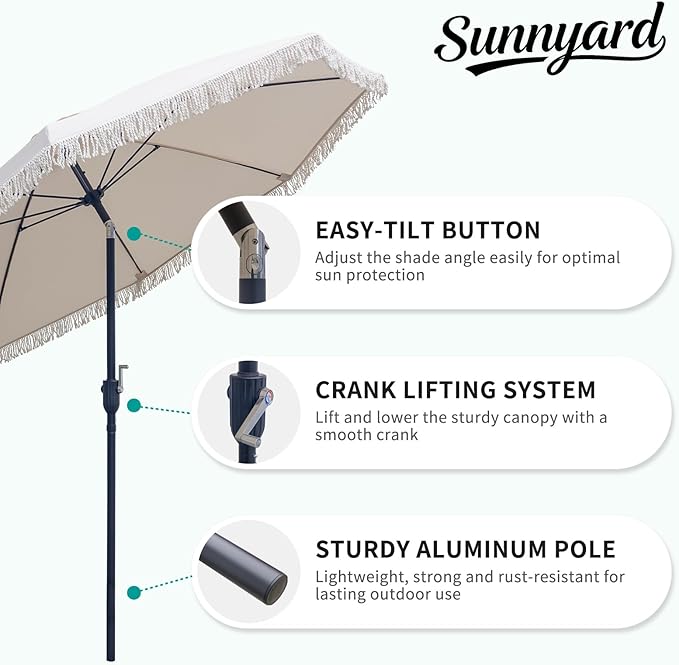 9FT Outdoor Patio Umbrella with Fringe Tassel, Table Umbrella with Aluminum Pole & 8 Fiberglass Ribs, 180G Waterproof Polyester Fabric, Ideal for Patio, Backyard, Deck, Off White