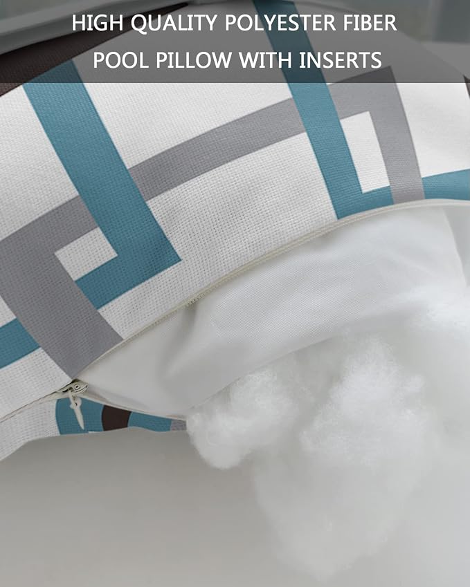 Outdoor Pillows Covers with Inserts Mid Century Geometric Pattern Gery Brown Blue Waterproof Recliner Pillow with Adjustable Strap Throw Pillows for Patio Furniture Pool Lounge Chair, 11x16 inch, 1PCS