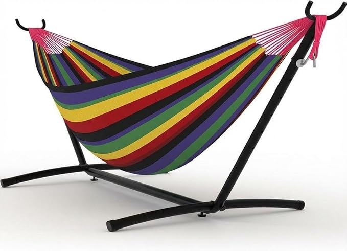 Double Hammock with Stand, 2 Person Heavy Duty Outdoor Hammock – 450IB Capacity, Portable Hammock with 9FT Steel Stand & Carrying Case, Adjustable Hammock Bed for Backyard,Camping,Beach,Black