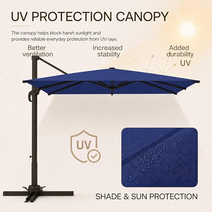 Kingdura 10' X 10' Cantilever Patio Umbrella with Base Included, Large Square Aluminum Outdoor Offset Umbrella with 360-degree Rotation, 4 Position Tilt, UV Protection for Pool Deck Garden Patio (Navy blue)