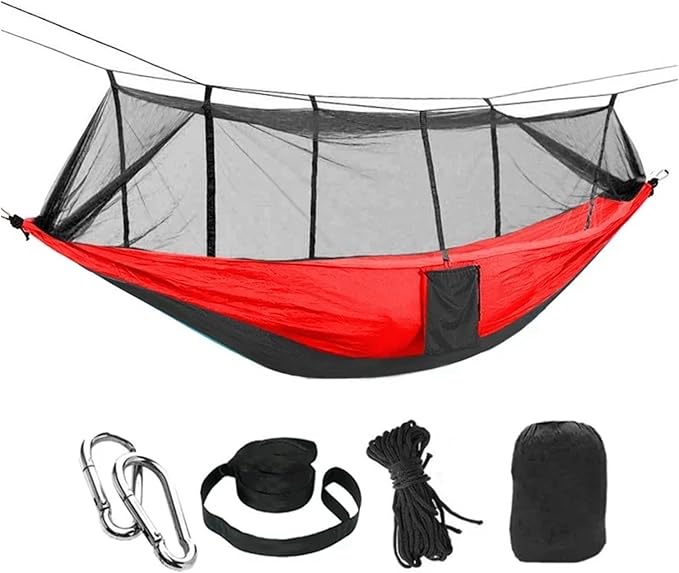 Hammock Camping Hammock with Net, Lightweight Portable Double Parachute Hammocks, High Capacity & Tear Resistance for Backyard,Hiking Camping Essentials (Color : Red and Black)