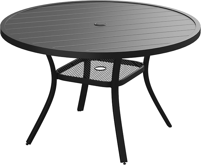 VICLLAX 47.2" Round Patio Table, Outdoor Dining Table for 6 with Umbrella Hole for Garden Lawn Deck Backyard, Black