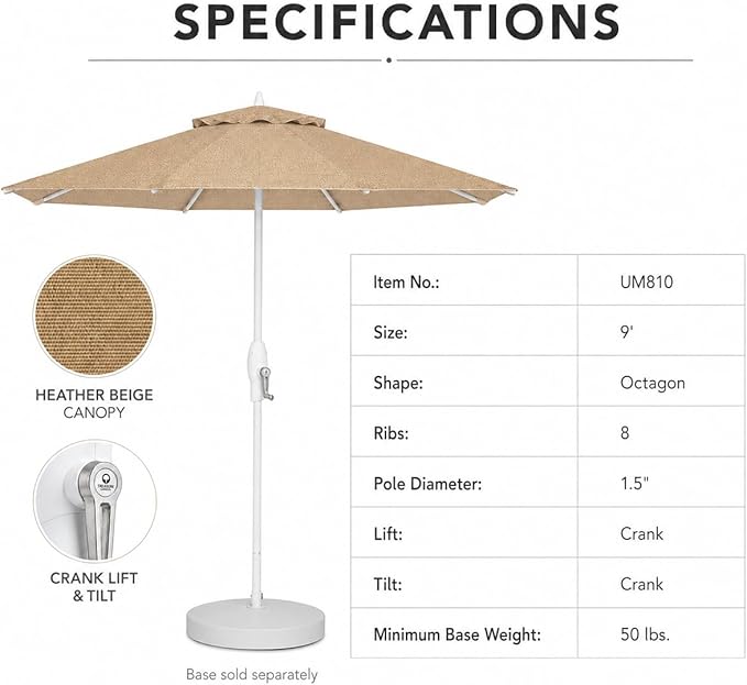 Treasure Garden 9ft Patio Umbrella - Outdoor Furniture Market Umbrella – Deluxe Auto-Tilt – White Aluminum Frame (Sunbrella, Heather Beige)