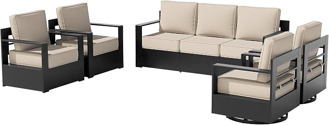 Outdoor Aluminum Furniture Set, 5-Piece Patio Conversation Set, 2 Swivel Chairs, 2 Chairs and 1 Sofa, All-Weather Metal Frame, 6" Thick Removable Cushions, Deep Setting for Garden and Porch