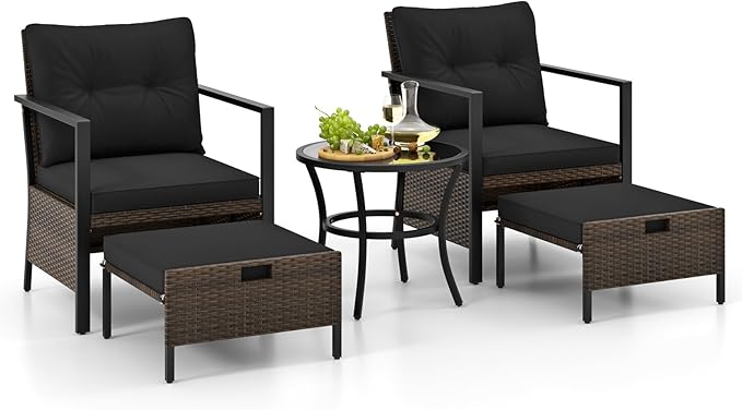 Tangkula 5 Piece Outdoor Furniture Set, Rattan Chairs & Ottomans w/Round Glass Topped Coffee Table, Space Saving Cushioned Patio Conversation Set for Backyard, Poolside (Black)
