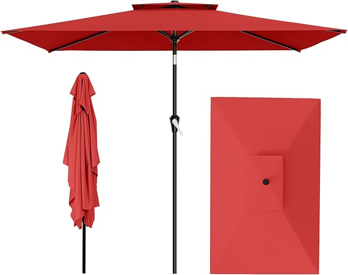 AreShark 6.5'x10' 2 Tiers Rectangular Patio Umbrella - Outdoor Umbrella Waterproof UV Protection, Market Table Umbrella w/Push Button Tilt for Pool, Lawn, Balcony(Red)