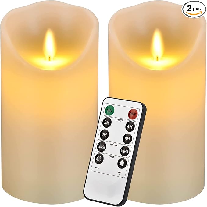 antizer Flameless Candles 6" Set of 2 Ivory Dripless Real Wax Pillars Include Realistic Dancing LED Flames and 10-Key Remote Control with 24-Hour Timer Function 400+ Hours by 2 AA Batteries