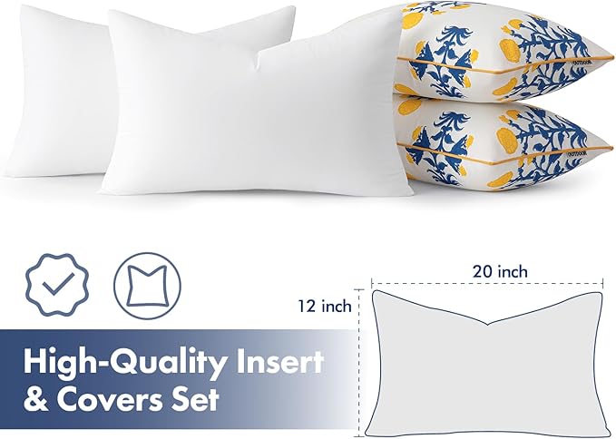 MIULEE Decorative Floral Outdoor Lumbar Pillow Covers with Inserts Set of 2 12x20,Waterproof Vintage Fade Resistant Patio Throw Pillows with Piping for Spring Summer Garden Couch Sofa,Blue and Yellow