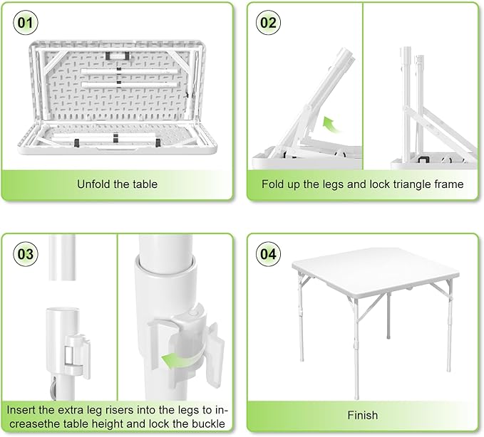 34" Square Folding Table, Plastic Card Table with Carrying Handle, Fold-in-Half Utility Portable Dining Tables Indoor Outdoor for Kitchen, Party, Picnic, Camping, Office, Wedding, White