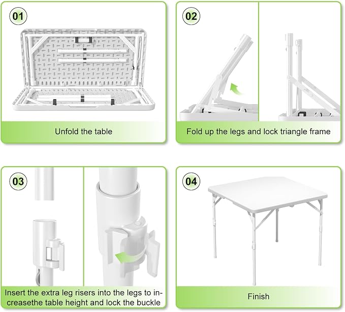 34" Folding Table, Portable Square Card Table with Collapsible Legs and Carrrying Handle, White Plastic Foldable Tables for Camping, Picnic, Office, Party, Events, Puzzle, Games, Working