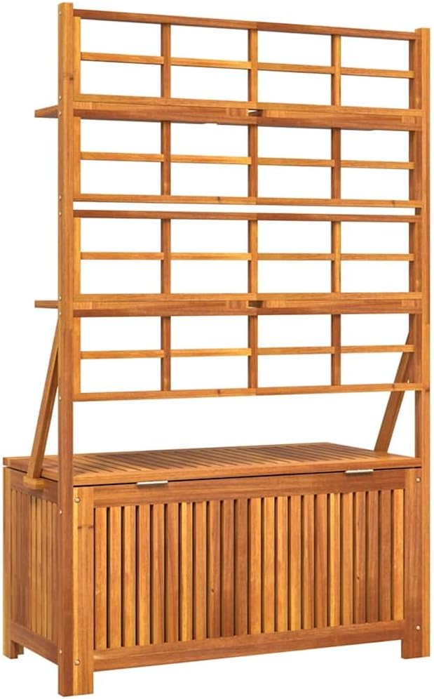 Garden Storage Box with Integrated Trellis, Solid Acacia Wood Outdoor Tool Organizer for Backyard and Patio, Rustic Wood Storage Chest for Gardening Supplies, Brown, 39 x 19.7 x 63 in
