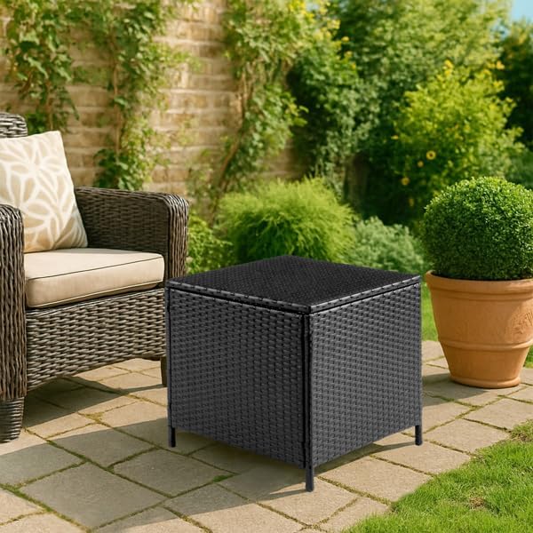 Outdoor PE Wicker Side Table with Storage, Patio Rattan End Table Square Container for Furniture Covers (Black)