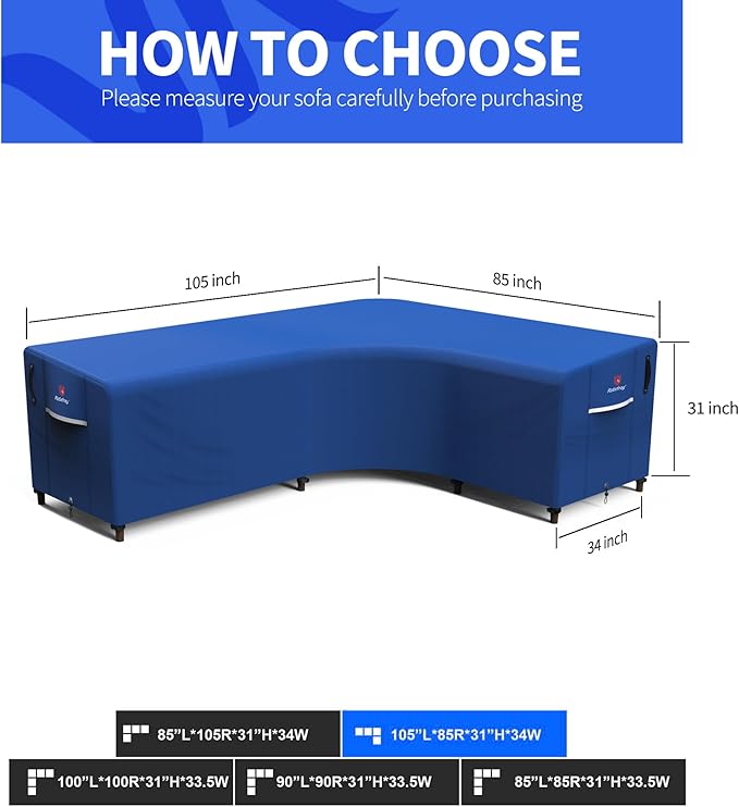 Rosefray 600D Outdoor L-Shaped Sectional Cover,Heavy Duty Anti UV Patio Sectional Sofa Cover with Air Vent, Waterproof Furniture Covers for Deck, Lawn,Backyard Right Facing 105''x85'' Blue