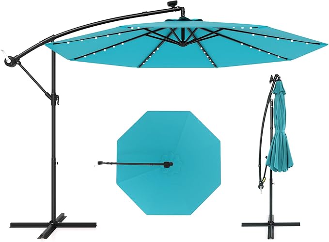 Tangkula 10 Ft Patio Offset Umbrella, 40 LED Lighted Market Umbrella W/8 Sturdy Ribs, Easy Tilt Adjustment & Crank, Polyester Shade, Ideal for Backyard, Garden, Seaside, Store, Pool (Turquoise)