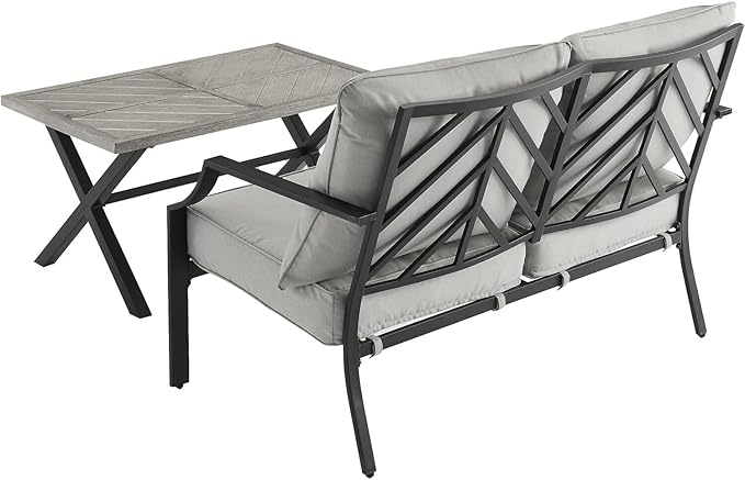 Urban Oasis Outdoor Metal 2-Piece Seating Set (Loveseat, Coffee Table), Matte Black with Gray Cushions - 50 x 72 x 33.25 in, Modern Patio Conversation Sets, Sturdy Steel Construction