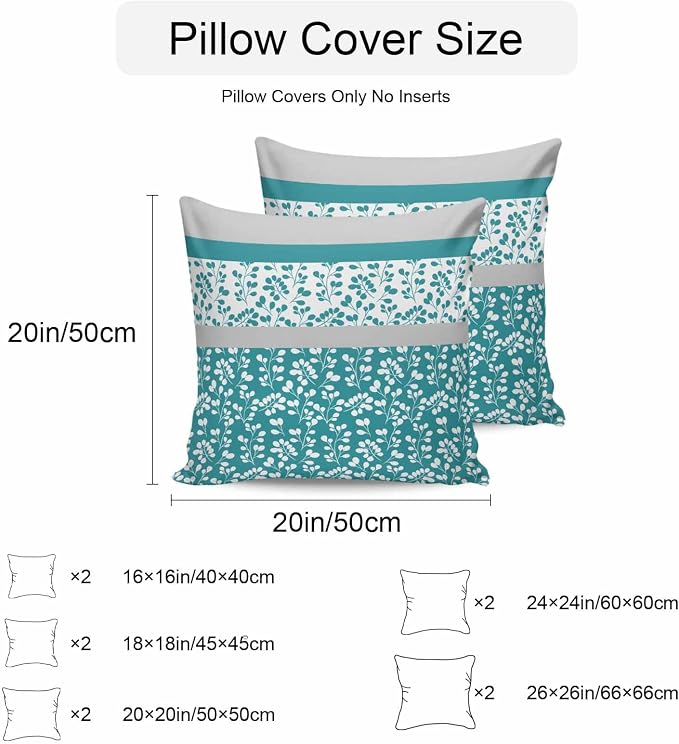 Teal Floral Outdoor Pillow Covers 24x24 Inch Throw Pillow Covers Set of 2 Waterproof Decorative Pillow Cases Botanical Blossom Motif Boho Grey Stripes Cushion Covers for Patio Furniture Garden Couch