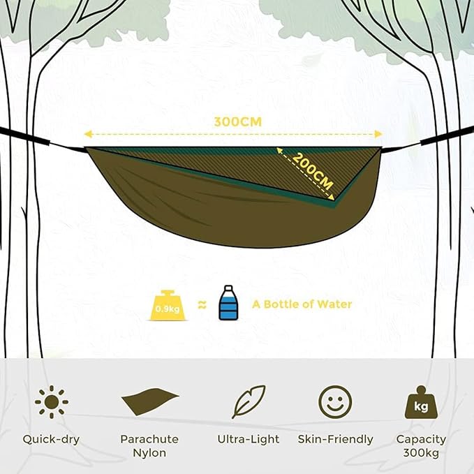 Outdoor Cotton Hammock, Camping Portable Hammock with Tree Straps, Lightweight Nylon Hammock with Carabiners, for Beach Travel Garden (Color : Blue, Size : 300x200cm)