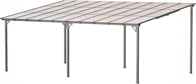 12' x 20' Lean to Gazeb,Hardtop Galvanized Steel Pergola with Sloped Polycarbonate Roof,Wall Mounted Gazebo Patio Canopy with Ground Anchor for Backyard Deck