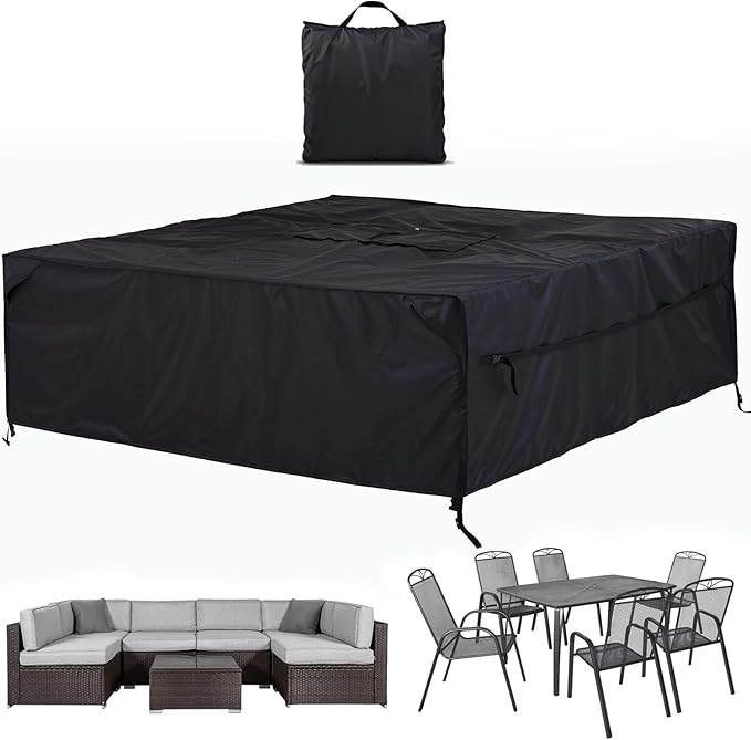 Patio Furniture Covers Waterproof - 420D Outdoor Table and Chair Set Cover with Built-in Storage Bag - Rectangular Patio Table Cover for 6-Seat Dining Set or Sectional Sofa - Black