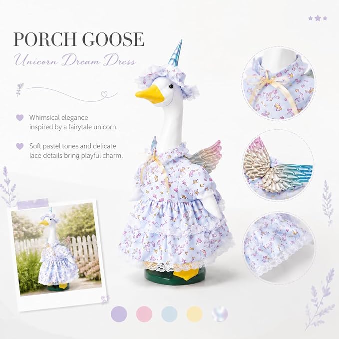 Unicorn Fairy Porch Goose Outfit, Pastel Lace Ruffle Dress & Horn Hat with Iridescent Wings, Fits Standard 23 Inch Lawn Goose Statue, Outdoor Garden Yard Decor