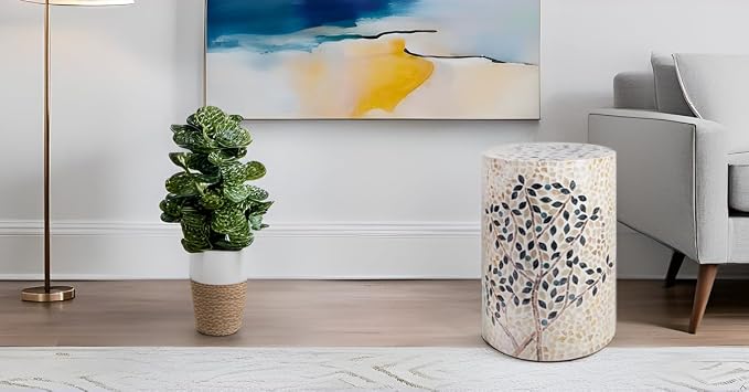 PEMAR Mother of Pearl Cylinder Drum End Table Nacre Side Stool Round Accent Table Coffee Bedside Nightstand and Vanity Stool Olive Tree 13" Diameter x 19.3" High