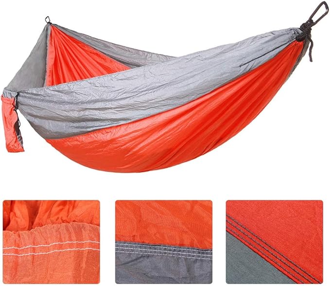 Portable Camping Travel Single Hammock, Lightweight Hanging Bed with Tree Straps and Metal Buckles, Durable Nylon Hammock for Outdoor Backpacking Hiking Beach (with Tree Gray and Orange)